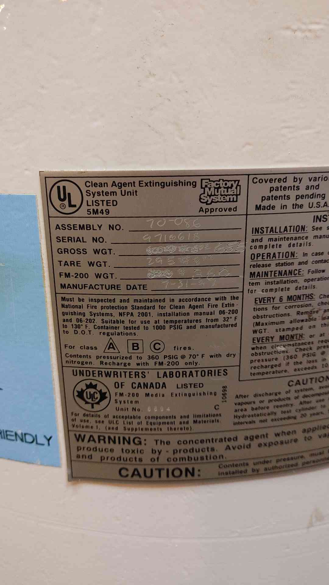 Fike Fire Suppression Cylinder 360LBS FM-200 Agent Weight(103516)