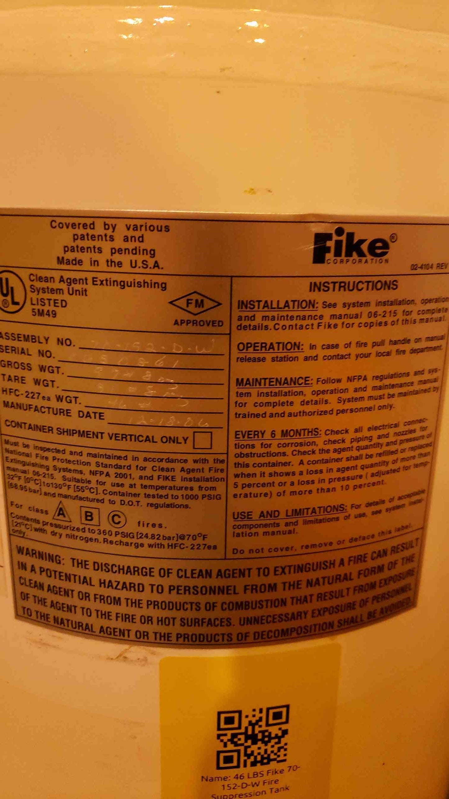 46 LBS Fike FM-200 HFC-227 Fire Suppression Tank(103555)