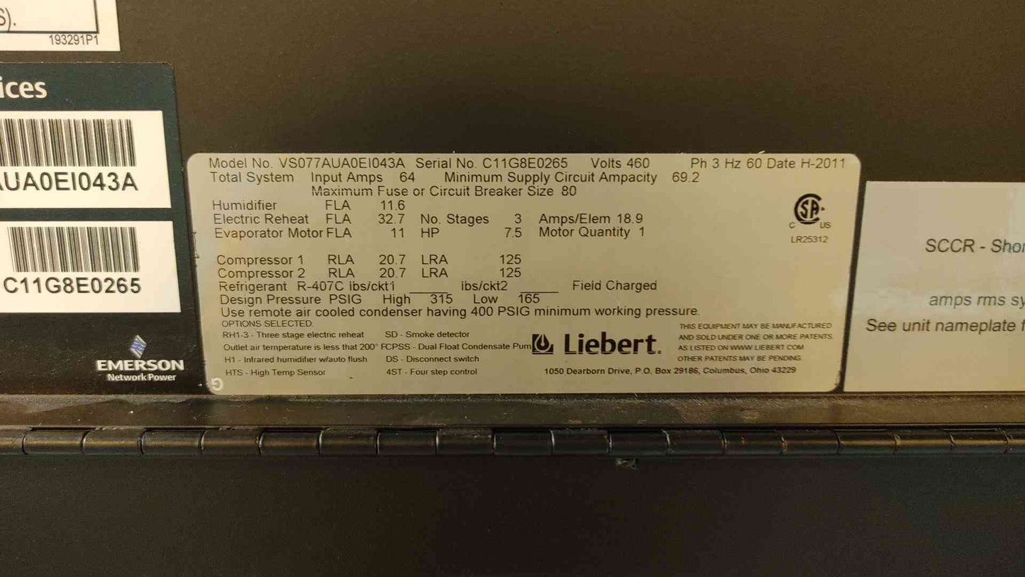 60Hz Liebert VS077 Cooling Center460V3Ph(101696)