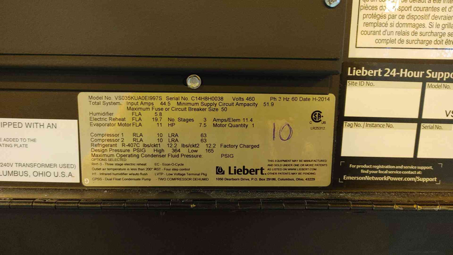 Liebert Vertiv 10 Ton Upflow CRAC 460V 3PH VS035K IA0EIO97S Glycol(103674)