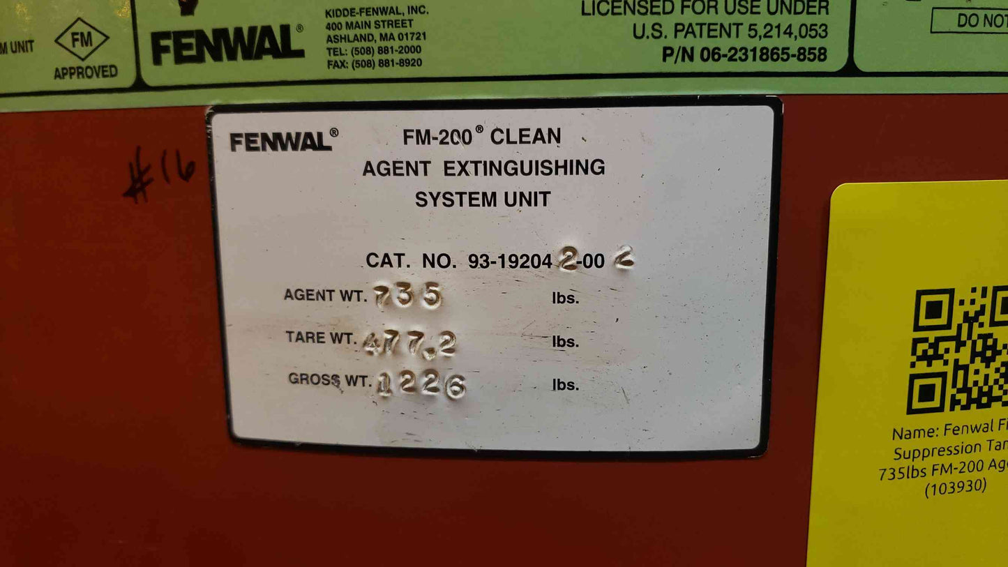 Fenwal Fire Suppression Tank 735 lbs FM-200 Agent(103930)