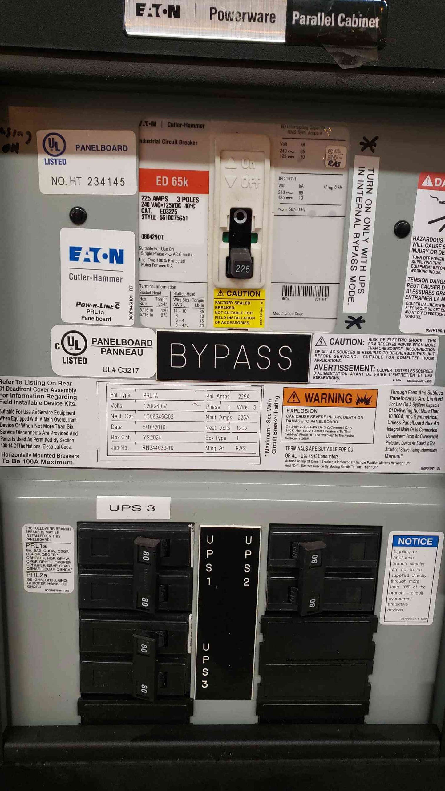 EATON MBP UPS Bypass Switchbox: 1x 225A, 3x 80A PRL1A 120/240V 225 Panel Amps(S6LLST4843)