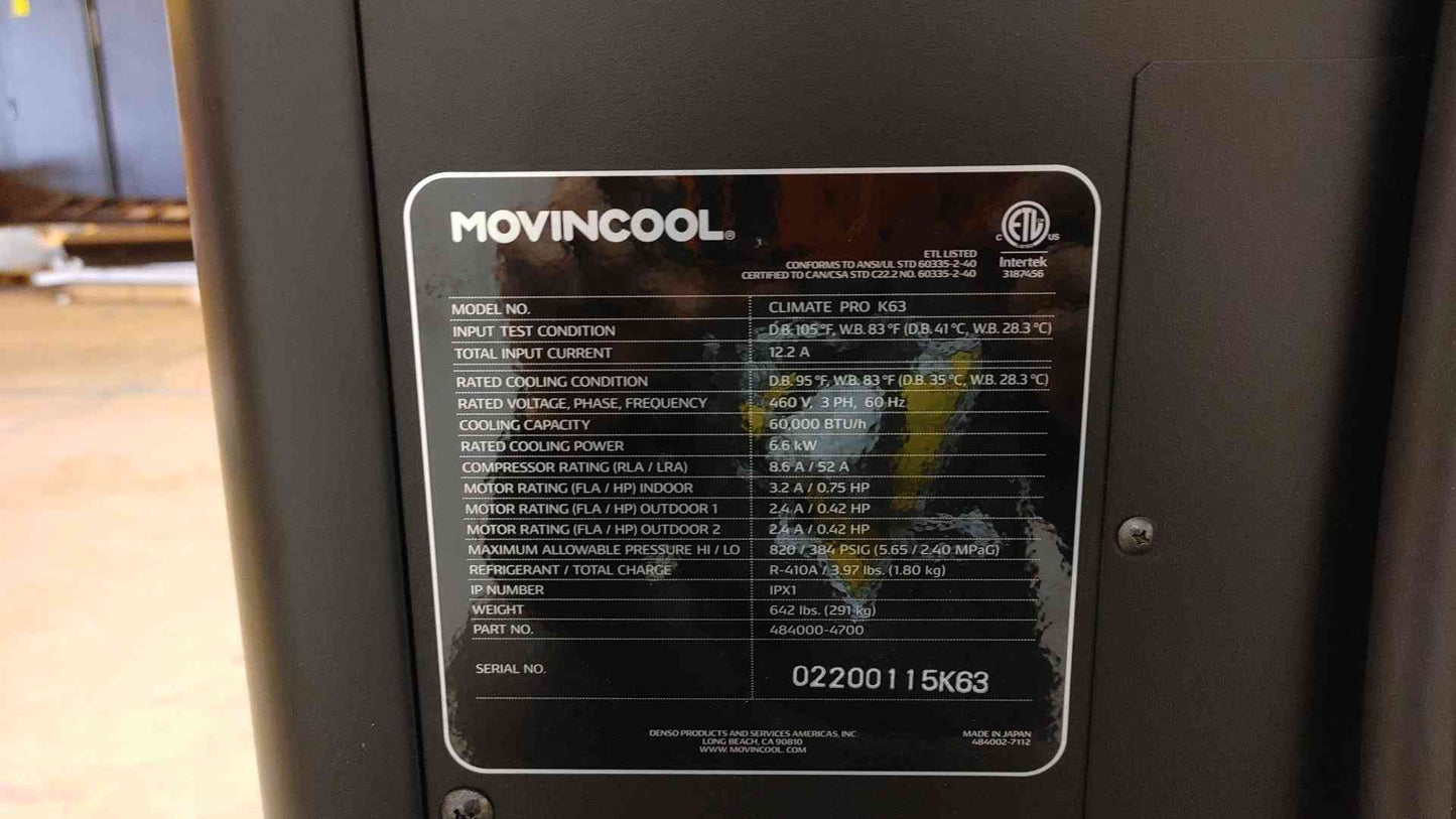 MovinCool Climate Pro K63 12.2A 480V 3PH 484000-4700 60,000 BTU(104544)