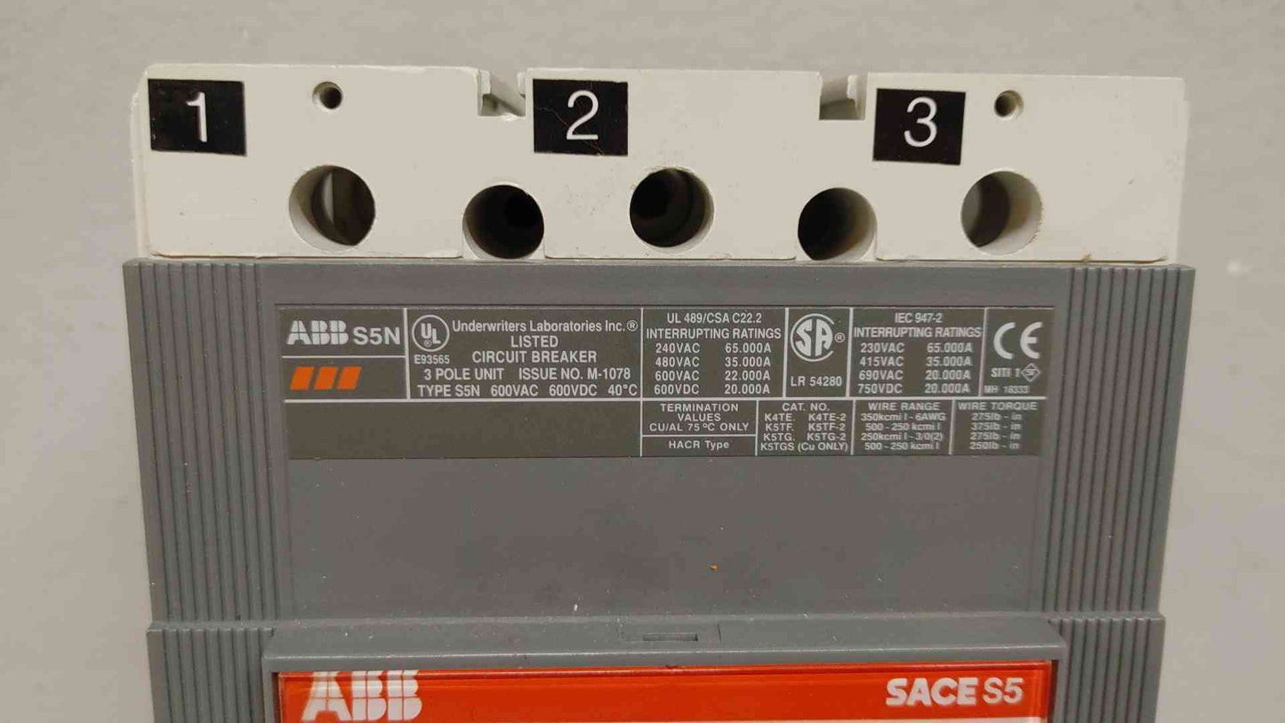 ABB Sace S5N 300A 600VAC 600VDC 3 Pole Circuit Breaker-300(104606)