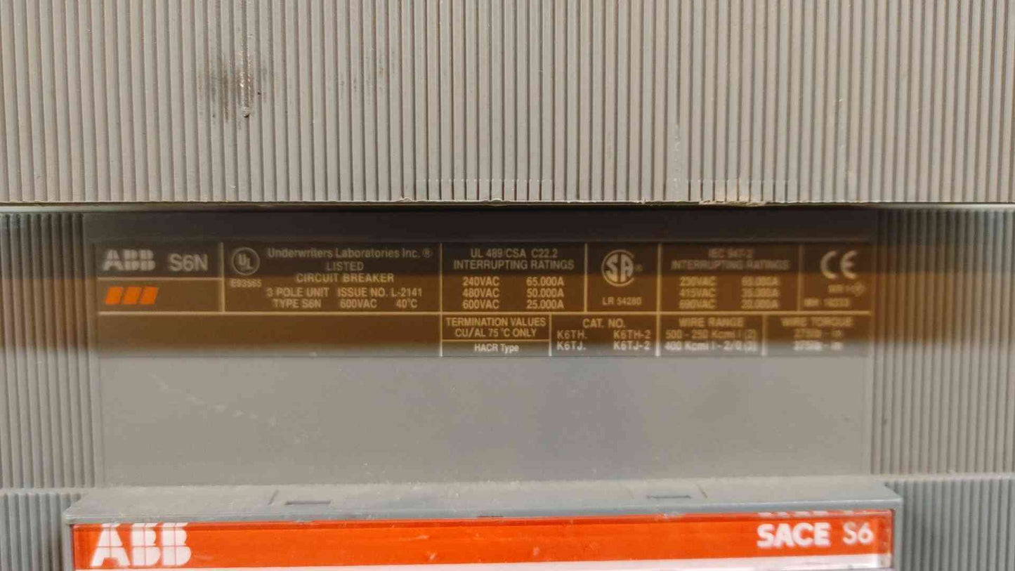 ABB Sace S6 800A 3 Pole Circuit Breaker 600VAC L2141(104260)