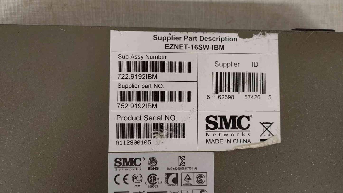 SMC Networks Fiber Network EZ Switch 10/100 100-240V .4A SMC-EZ1016DT(104688)