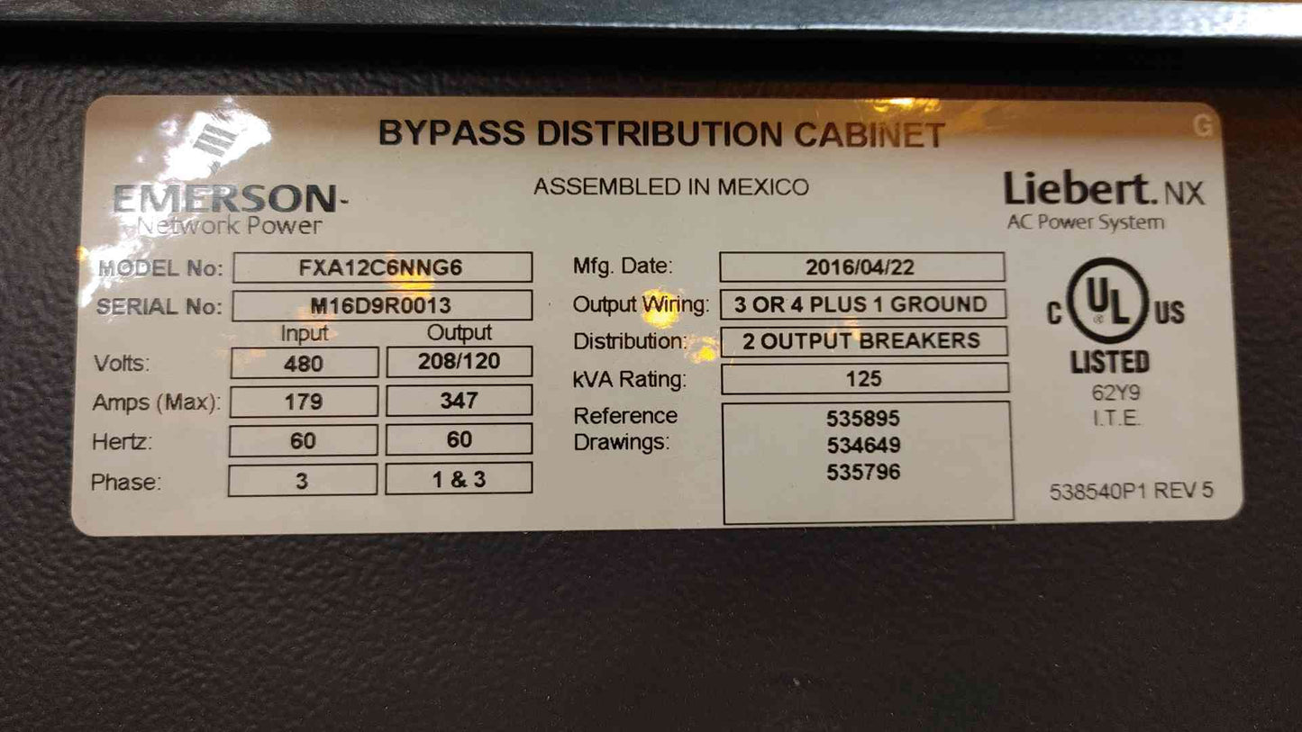 Liebert NX Bypass Distribution Cabinet 125KVA 480VAC 208Y/120VDC 3PH 4W FXA12C6NNG6