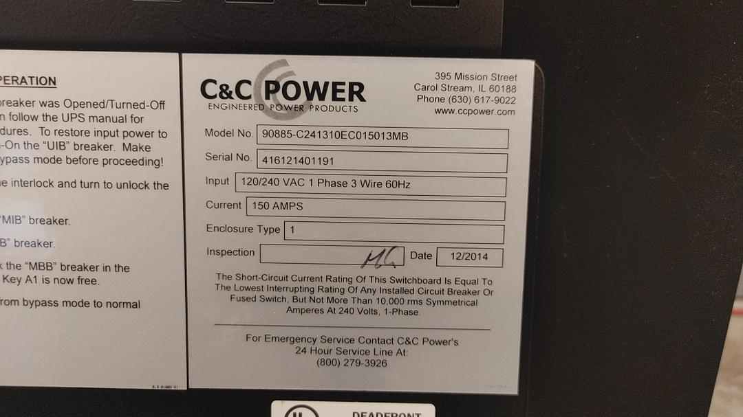 C&C 150A MBP Maintenance Bypass Breaker Cabinet 120/240v 1PH '14(S6LLST11555)