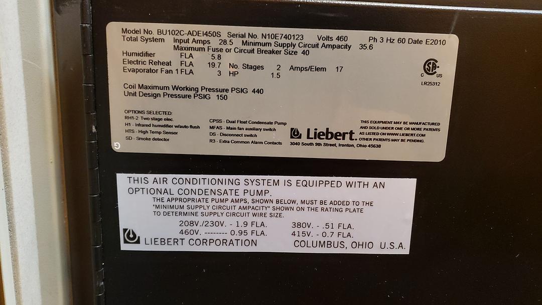 5 Ton Liebert BU102C Chilled Water AC 460v S6LLST11827(S6LLST11827)