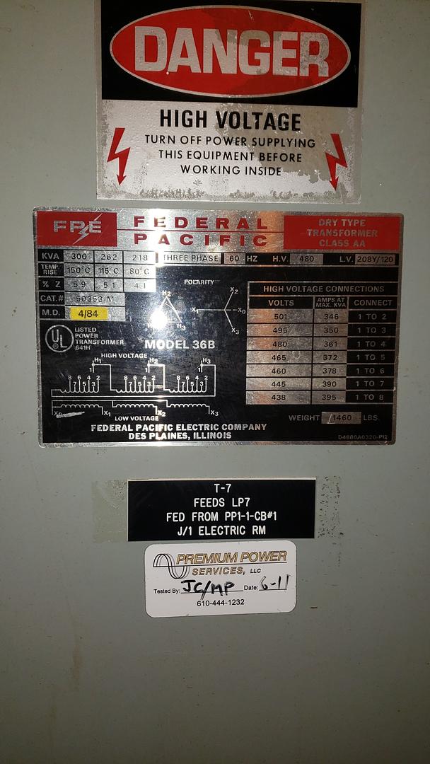 300KVA Federal Pacific Transformer 480v x 208Y/120(S6LLST7781)