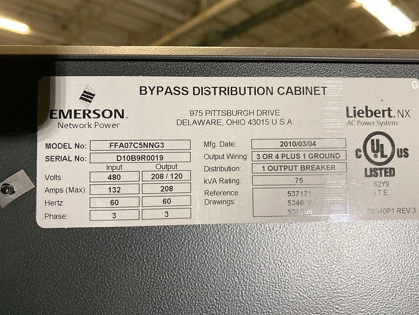 LIEBERT 80KVA NX Bypass Distribution Cabinet FFA07C5NNG3 480v x 208v (S6LLST1145)