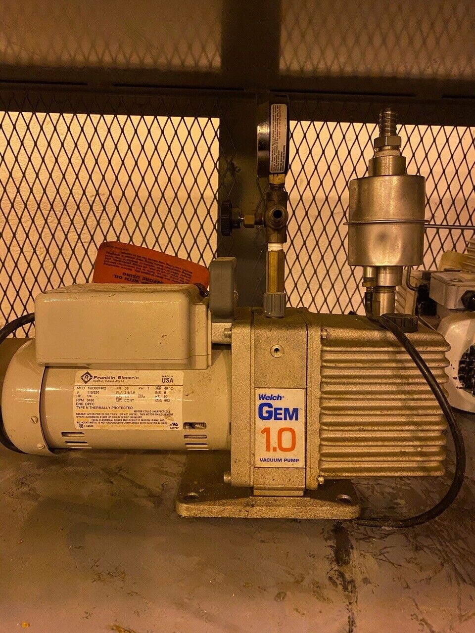 Welch GEM 1.0 Vacuum Pump, Franklin Electric Motor 1603007402, 02, Single Phase .25HP(s6llst5932)